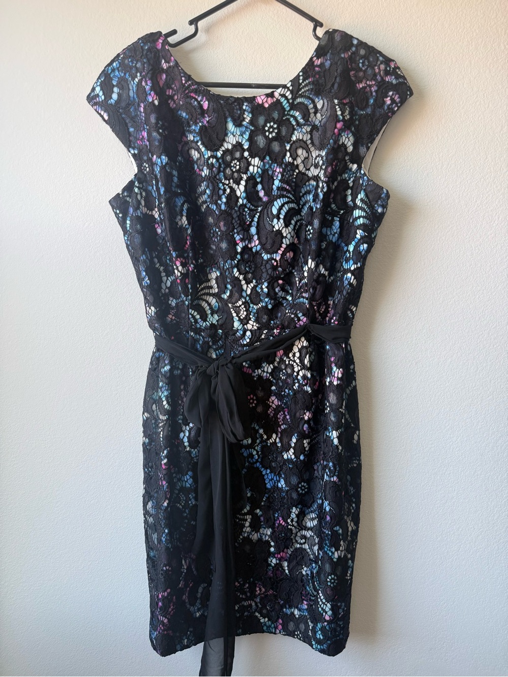 Alex Evenings Black Lace Midi Dress with Iridescent Blue and Pink Details